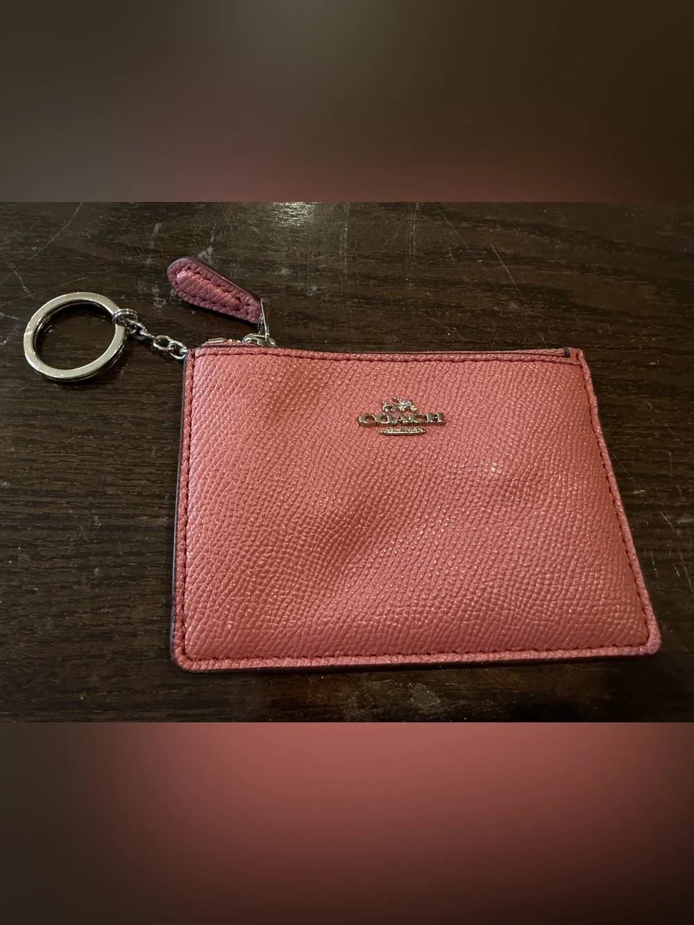 Coach Saffiano Glitter Rose Pink Leather Mini Skinny Zip Card Holder EUC